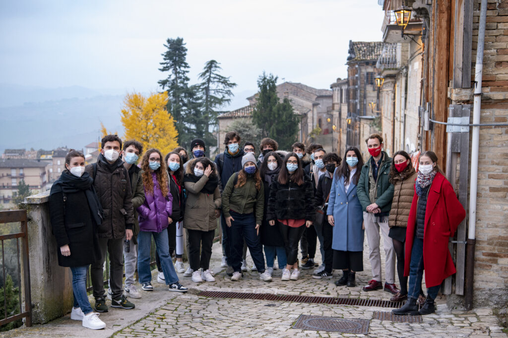 Architect Michal Saniewski with participants of the Living with Earthquakes seismic assessment workshop during fieldwork, Falerone, 2021