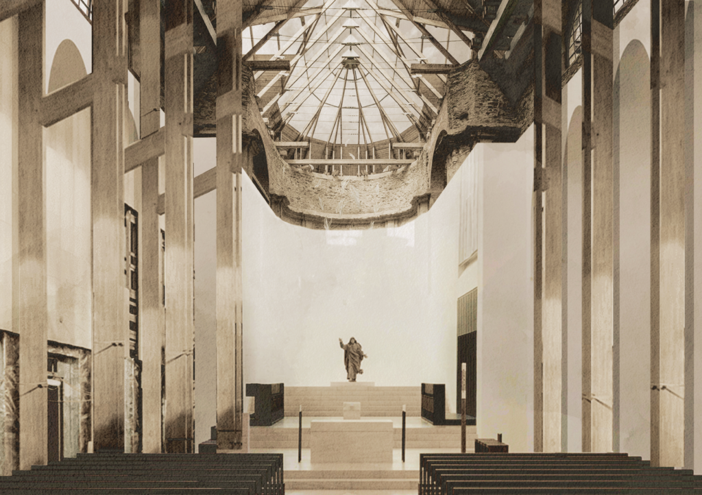 Post-earthquake reconstruction in Italy, Interior collage, architecture, architect Michal Saniewski