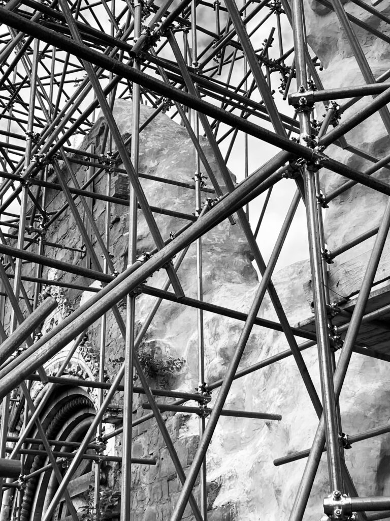 Site visit during fieldwork, Amatrice, 2021, post-earthquake reconstruction, scaffolding, medieval church