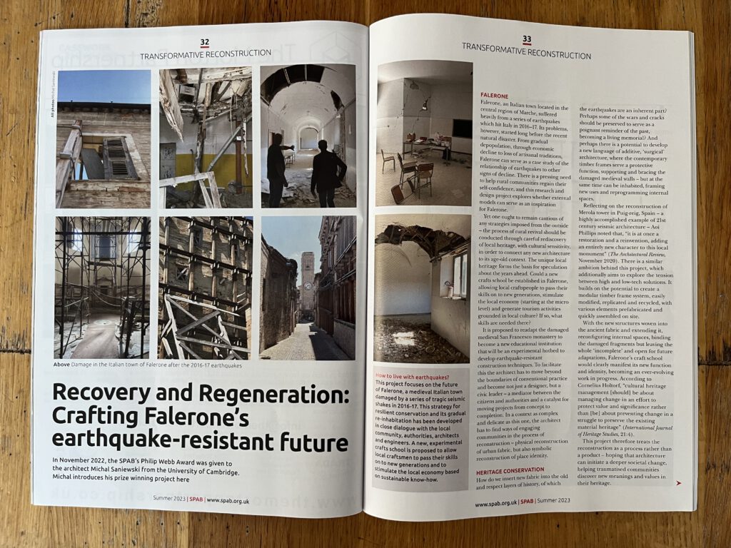 SPAB Magazine article, 2023, Michal Saniewski Recovery and Regeneration: Crafting Falerone's earthquake-resistant future