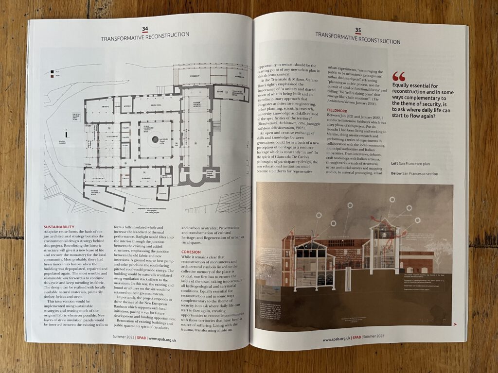 SPAB Magazine article, 2023, Michal Saniewski Recovery and Regeneration: Crafting Falerone's earthquake-resistant future