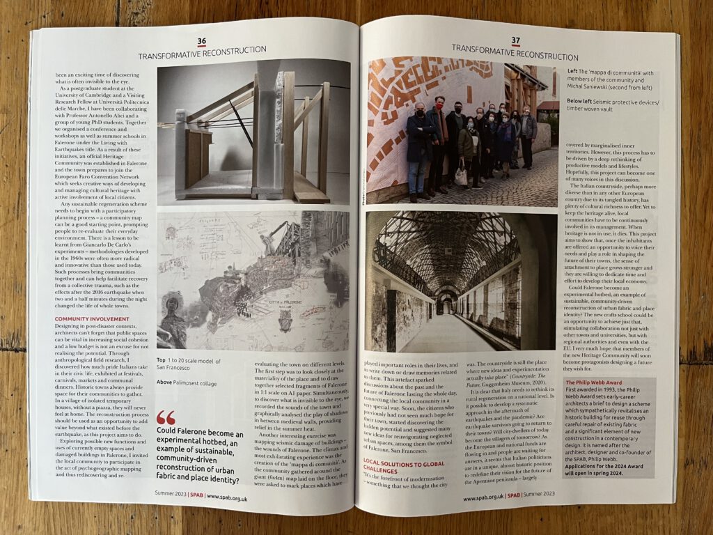 SPAB Magazine article, 2023, Michal Saniewski Recovery and Regeneration: Crafting Falerone's earthquake-resistant future