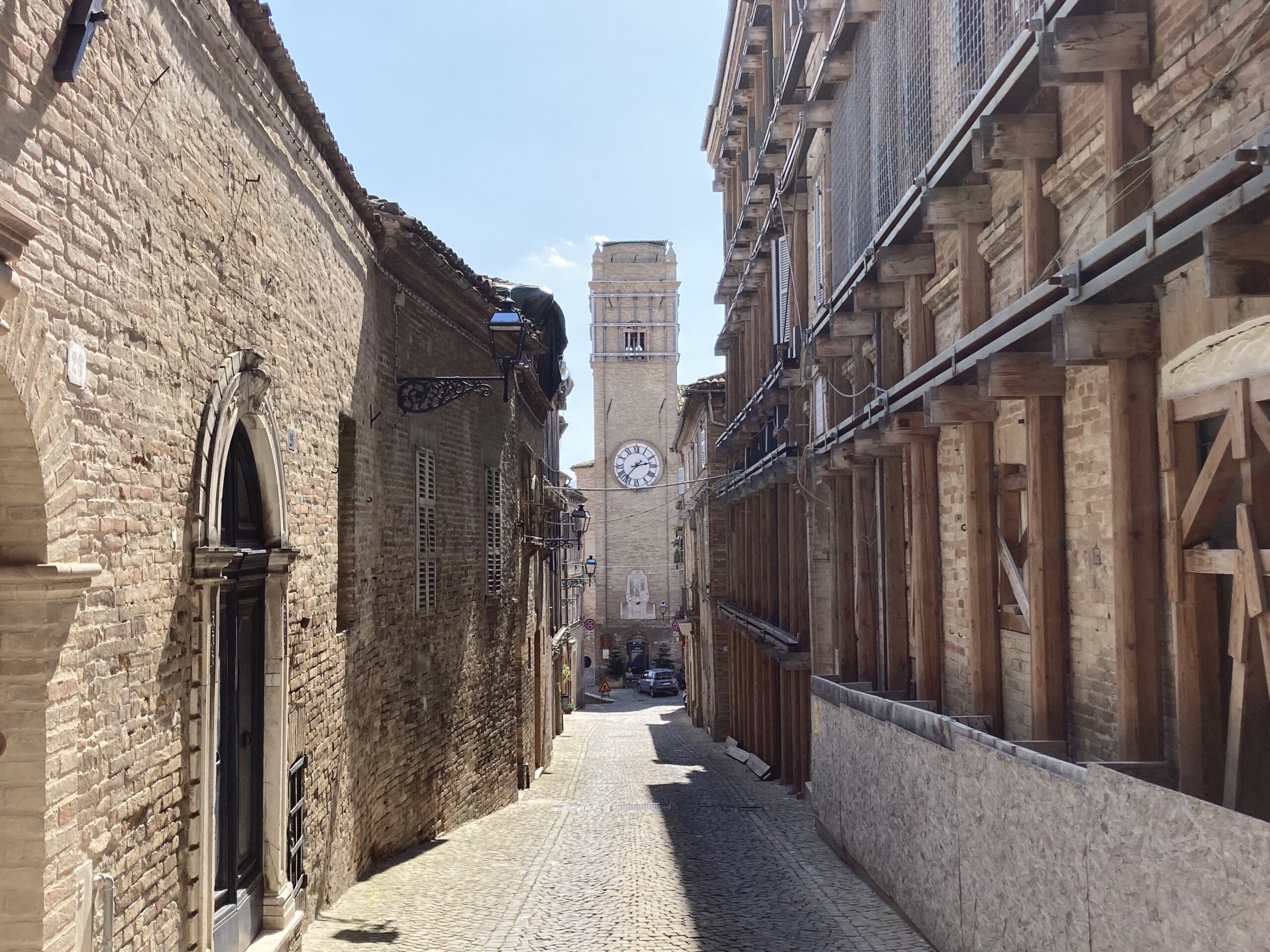 Falerone, 2021, post-earthquake reconstruction, scaffolding, medieval church