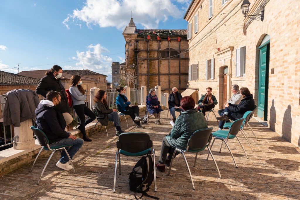 Architect Michal Saniewski meeting with the Heritage Community during fieldwork, Falerone, 2021, post-earthquake reconstruction